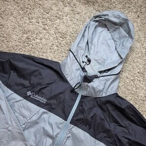 VINTAGE Columbia Jacket Women XL Gray Black Windbreaker Packable Hood Colorblock